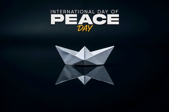 International Day of Peace concept with a white paper boat on a dark reflective surface