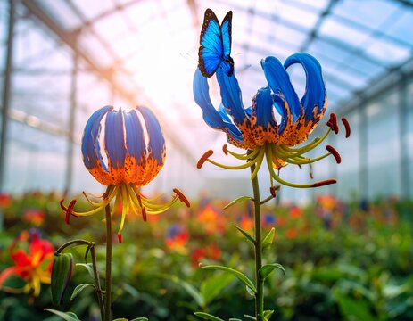 幻想的なボタニカル背景素材・明るい温室に咲くグロリオサの花と蝶  bright greenhouse background with blooming gloriosa flame lily flowers and butterfly, fantasy botanical illustration