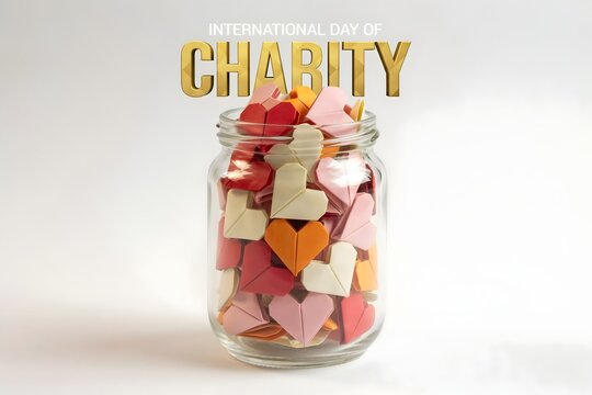 International Day of Charity concept with paper hearts in a glass jar on white background