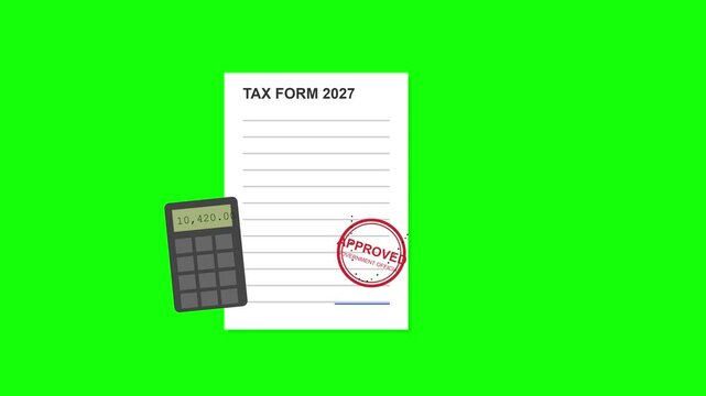 Tax Form 2027 with Calculator and Approved Stamp Animation on Green Screen Background.