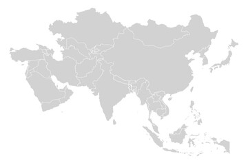 Fototapeta premium Grey with White Outline Asia Continent Map with District Borders