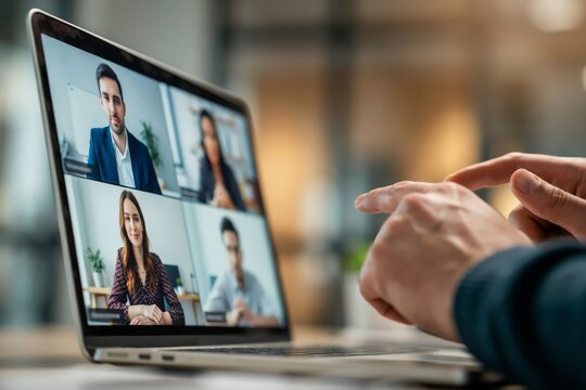 Closeup of a person using a laptop for a video conference call with colleagues in a modern office setting
