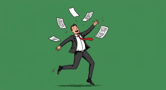 Excited businessman running and throwing documents celebration illustration