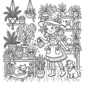 A playful and bold style coloring page of a cute witch girl dusting shelves with a magic feather duster, strong black outlines, no shading, clean and simple, perfect for all ages, high resolution, cle