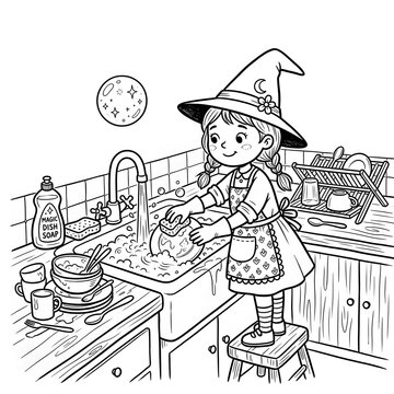 Charming hand-drawn style coloring book page, a cute witch girl washing dishes at a kitchen sink with a small magic bubble, detailed line art, strong black outlines, simple background elements, high c