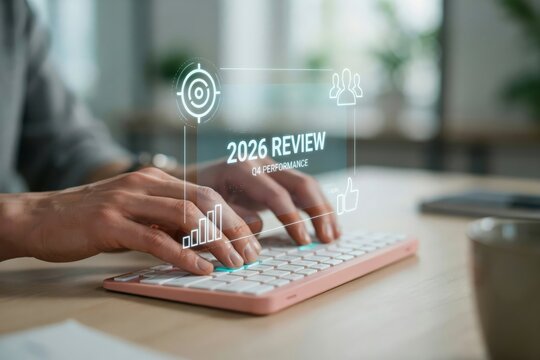 Closeup of hands typing on a keyboard with a futuristic digital holographic interface displaying 2026 q4 performance review data