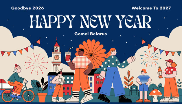 Happy New Year Gomel Belarus 2027 Festive Celebration with Fireworks and People Illustration