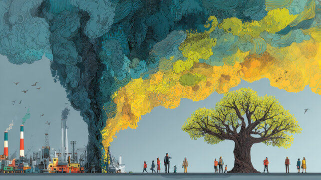 Compare the green tree and meadow clear air field with factory and air pollution with climate change effect