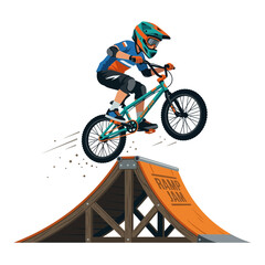 Fototapeta premium Young BMX rider performing a jump off a wooden ramp during an outdoor extreme sports competition.