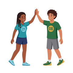 Obraz premium Diverse young boy and girl in sports uniforms giving a high five to celebrate teamwork