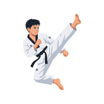 Boy in taekwondo uniform performing a high jump kick during martial arts practice