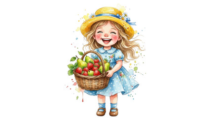 Fototapeta premium Watercolor illustration of young happy girl holding basket filled with fresh berries.