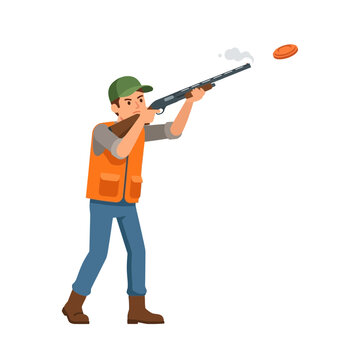 Man in orange vest firing shotgun at flying clay pigeon target during outdoor sports practice