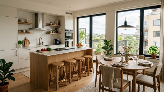 A modern kitchen with white cabinets, stainless steel appliances, and a large window overlooking a balcony.
