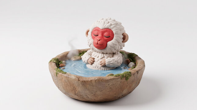 Cute Chibi 3D Clay Render Japanese Snow Monkey Hot Spring White Background Adorable