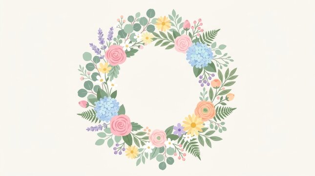 A floral wreath with pastel colors and greenery, set against a white background.