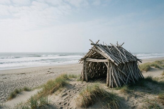 Small driftwood hut stands on sandy beach near ocean waves. Rustic wooden shack made from weathered logs sits on dunes with sea grass. Coastal landscape with calm sea, blue sky under bright daylight.