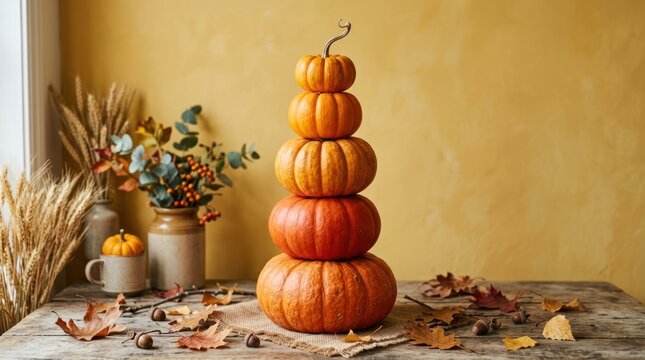 A pyramid of stacked pumpkins on a rustic wooden table with a yellow wall in the background.