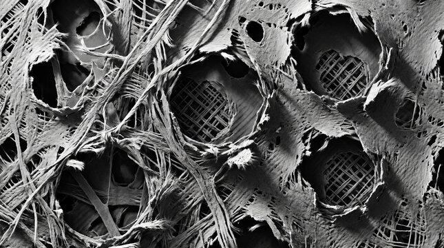 Microscopic Texture of Torn and Frayed Synthetic Material Under Electron Microscope