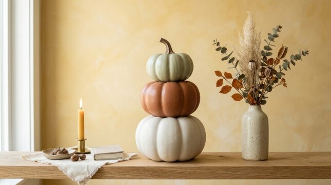 A stack of three stacked pumpkins on a wooden table with a yellow wall in the background.
