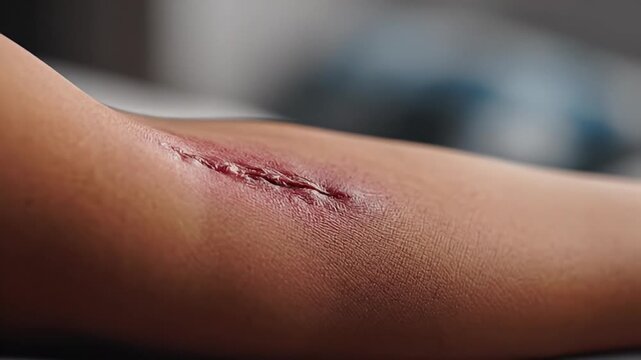 Close-up of a healing surgical incision on a person's arm with visible stitches and surrounding