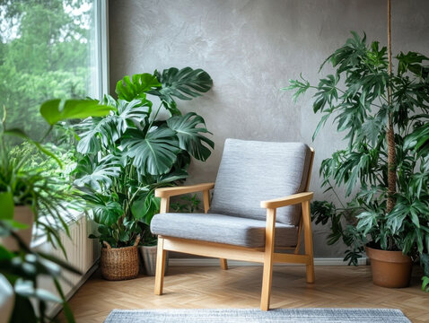 Grey armchair, indoor plants, monstera, palm trees
