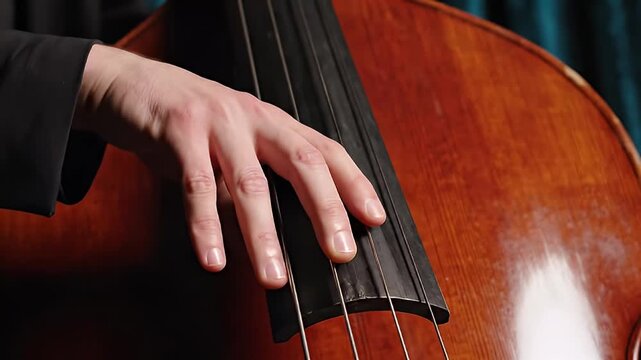 Close-up of a musician's hand playing a double bass, fingering the strings on the fingerboard