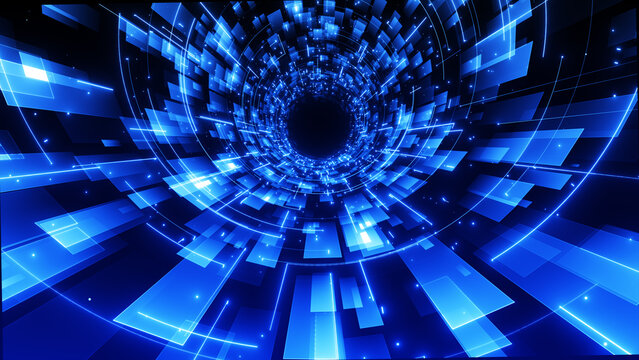 Futuristic Technology Tunnel With Glowing Blue Digital Data Flow And Abstract Network Elements Connecting Through Cyberspace, 3d rendering