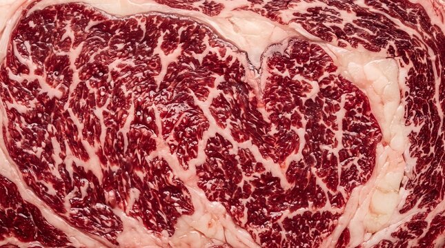 Macro Texture of Raw Wagyu Beef Ribeye Steak with Intense Marbling