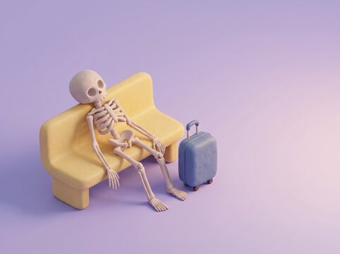 3D skeleton waiting on bench with suitcase, concept of long wait