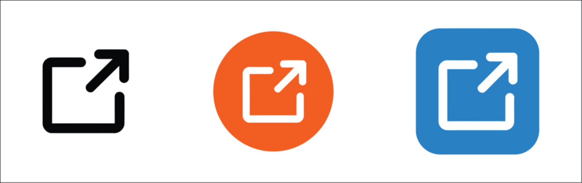External link icon set, open link and redirect symbols in button styles for apps, websites, navigation menus, sharing features, modern vector illustration