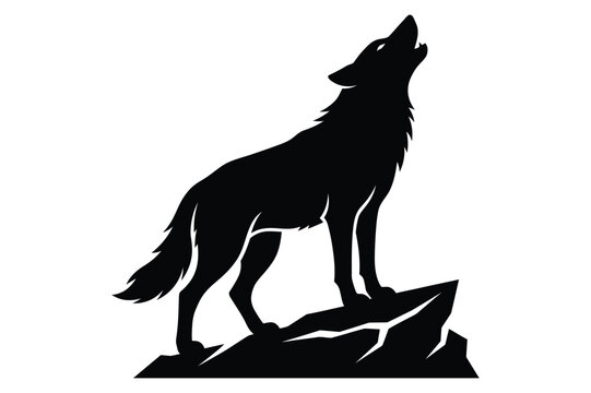 Wild wolf howling on top of a rocky mountain cliff vector graphic with mountain