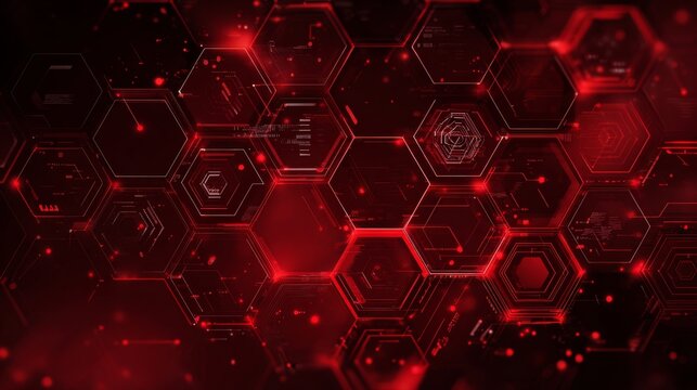 Hexagonal red technology background featuring futuristic digital network connections, glowing geometric patterns, abstract technological elements, high-tech interface details, digital innovation, data