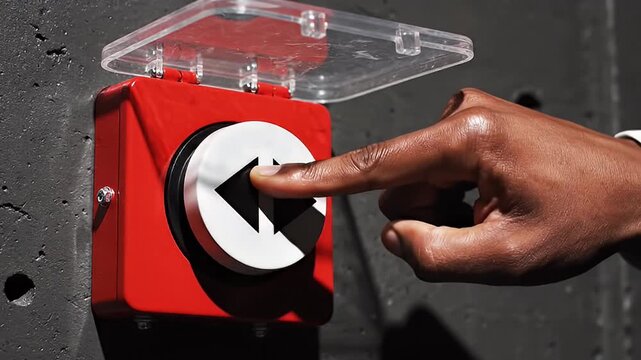Close-up of a person's finger pressing a large red button with up and down arrows, protected by