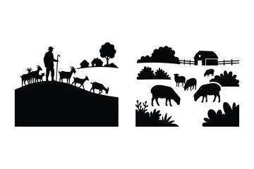 Obraz premium Rural farm landscape silhouettes with shepherds goats sheep and barn structures