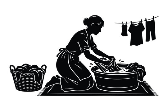 Woman doing laundry by hand washing clothes in a tub with a washboard