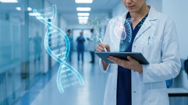 Futuristic doctor analyzing glowing holographic medical data and health shield interface in a high-tech robotic control room