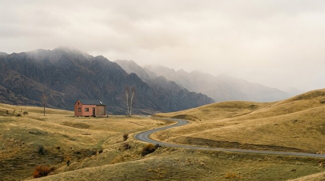 A lone red barn stands on a grassy hillside, surrounded by mountains and a cloudy sky.