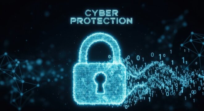 Glowing blue digital binary padlock representing cyber security and protection, designed in futuristic neon light style floating against a dark abstract network background with bokeh particles for