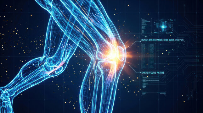 3D X-ray illustration of a human knee joint glowing red to indicate pain, inflammation, or arthritis.