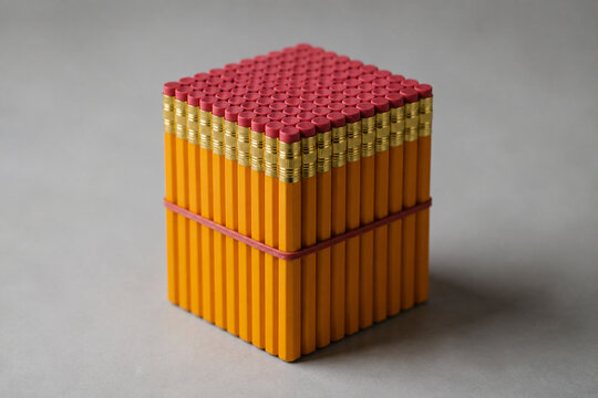 Countless identical pencils bound tightly into a solid square column.