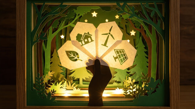 Glowing Hand Holding Eco Icons in Magical Forest