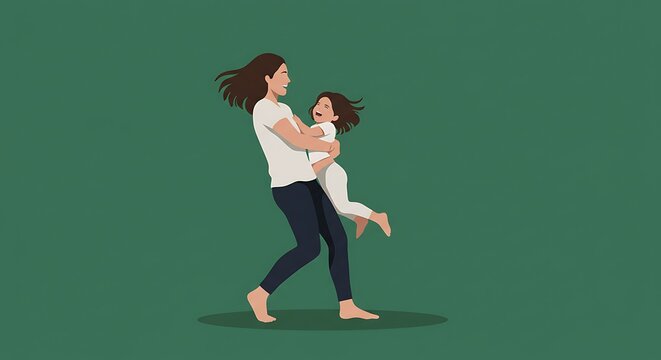 Happy woman holding little girl cartoon illustration playful moment