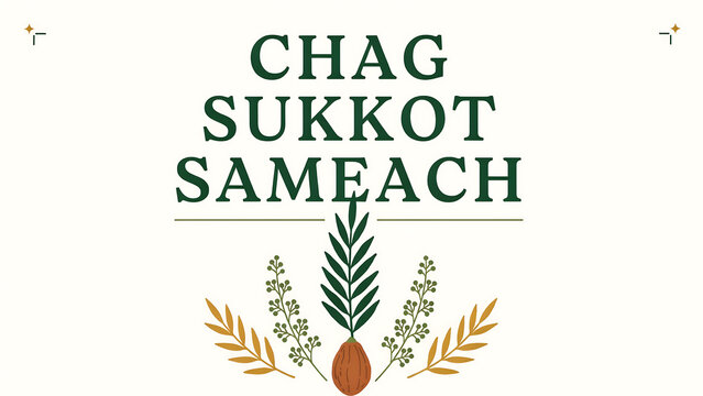 Chag sukkot sameach text with pine branch and wheat decoration jewish holiday festival of booths