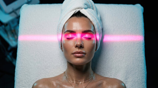 Woman Receiving Red Laser Facial Treatment in Spa