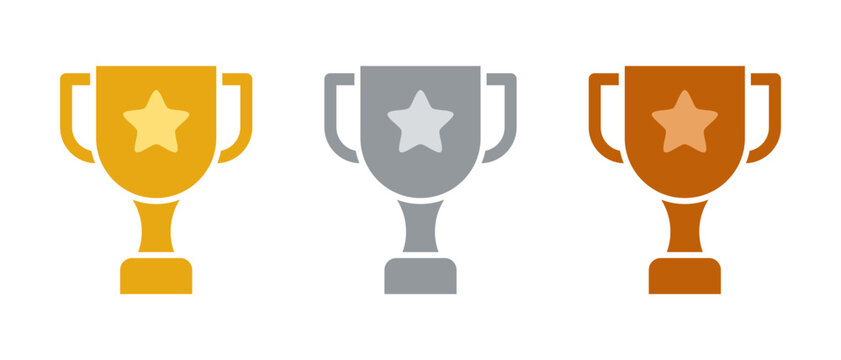 trophy cup 1st 2nd 3rd place awards, golden silver bronze prize flat vector set