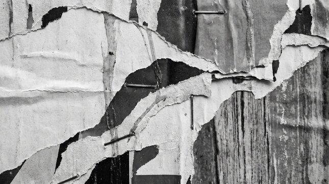 Black and White Grunge Background with Torn Posters and Staples on Wood Texture