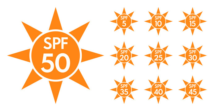 spf icon set, ultraviolet sun protection factor symbol collection