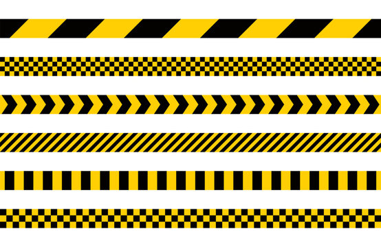 warning yellow black striped tape, under construction safety border set, danger caution seamless police line