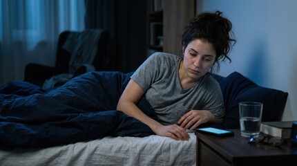 Obraz premium A woman lying in bed with a smartphone and a glass of water on her bedside table.